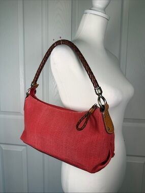 Fossil Red Canvas Hobo Shoulder Bag Braided Brown Leather Handle and zipper pull